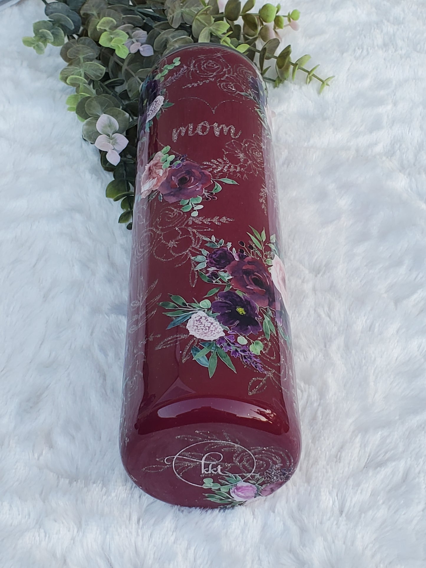 MOM Peekaboo floral Custom Tumbler - 32 oz Skinny Plump - Maroon/pink/purple