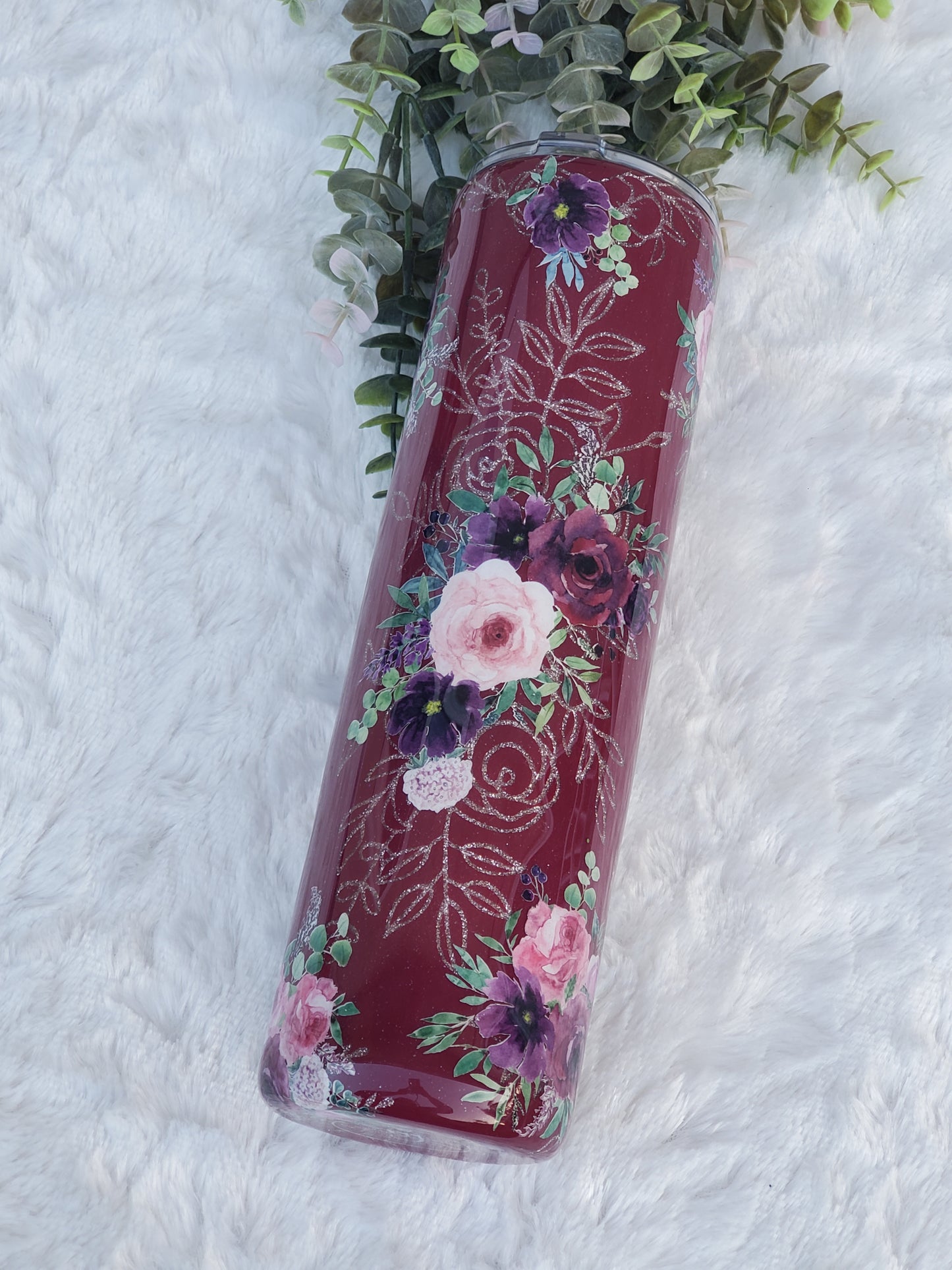 MOM Peekaboo floral Custom Tumbler - 32 oz Skinny Plump - Maroon/pink/purple