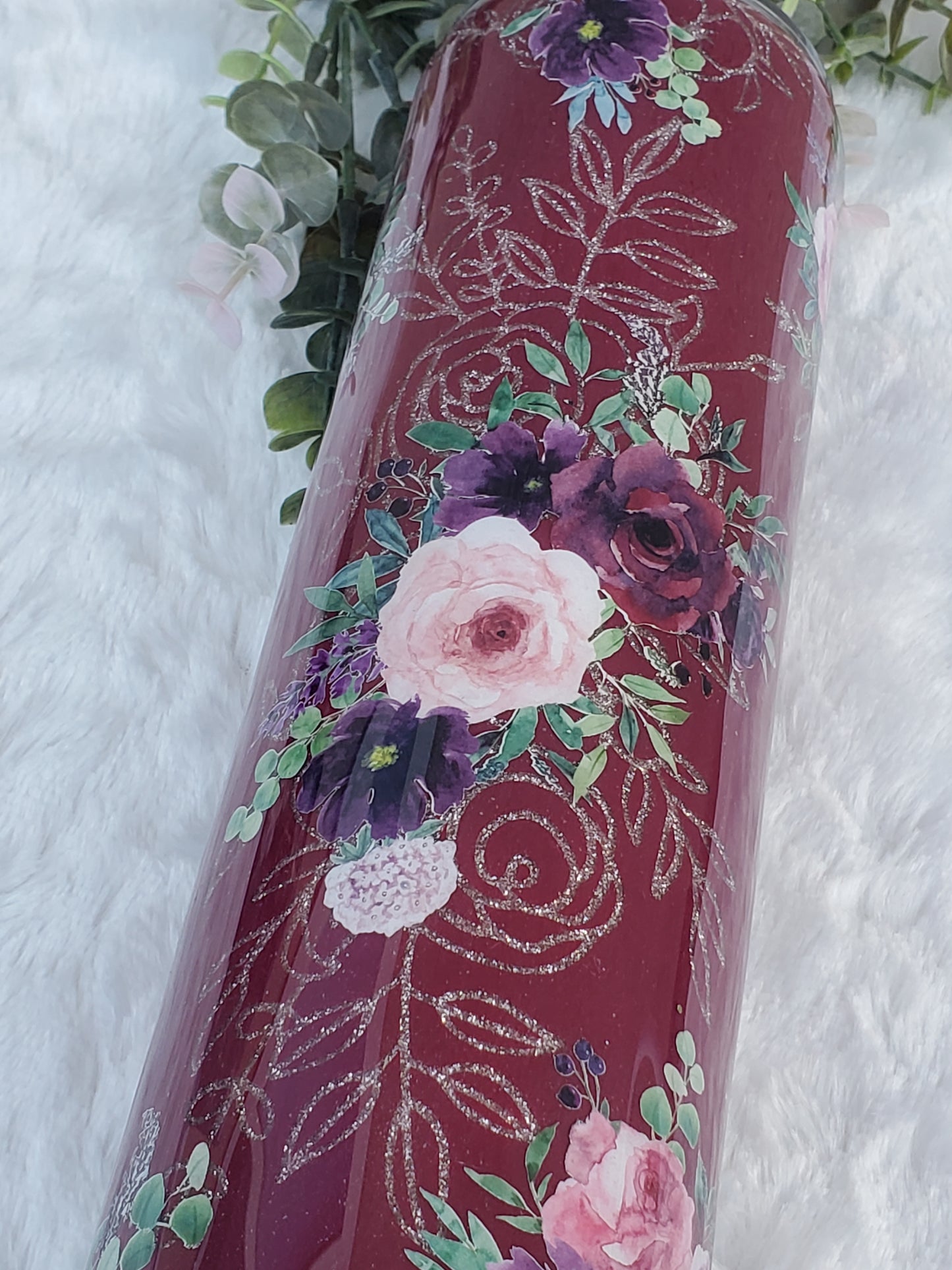 MOM Peekaboo floral Custom Tumbler - 32 oz Skinny Plump - Maroon/pink/purple