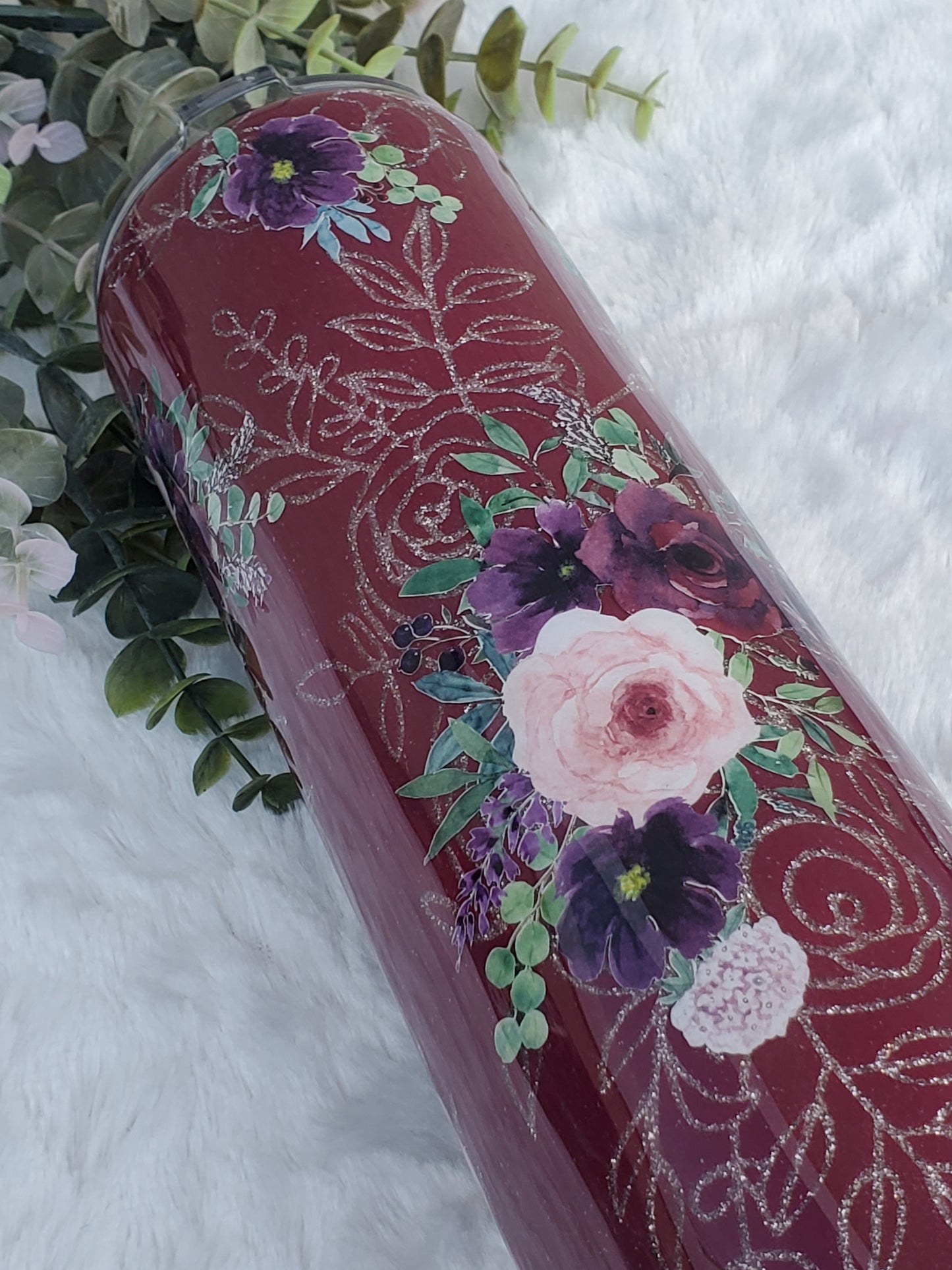 MOM Peekaboo floral Custom Tumbler - 32 oz Skinny Plump - Maroon/pink/purple