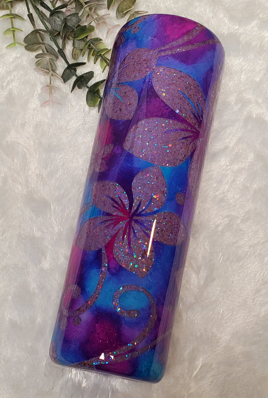 Reverse Peekaboo Floral Glitter Custom Tumbler - 30 oz Skinny Taper- Purple, Pink, Blue