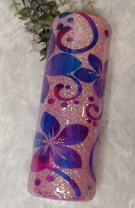 Reverse Peekaboo Floral Glitter Custom Tumbler - 20 oz Skinny- Purple, Pink, Blue
