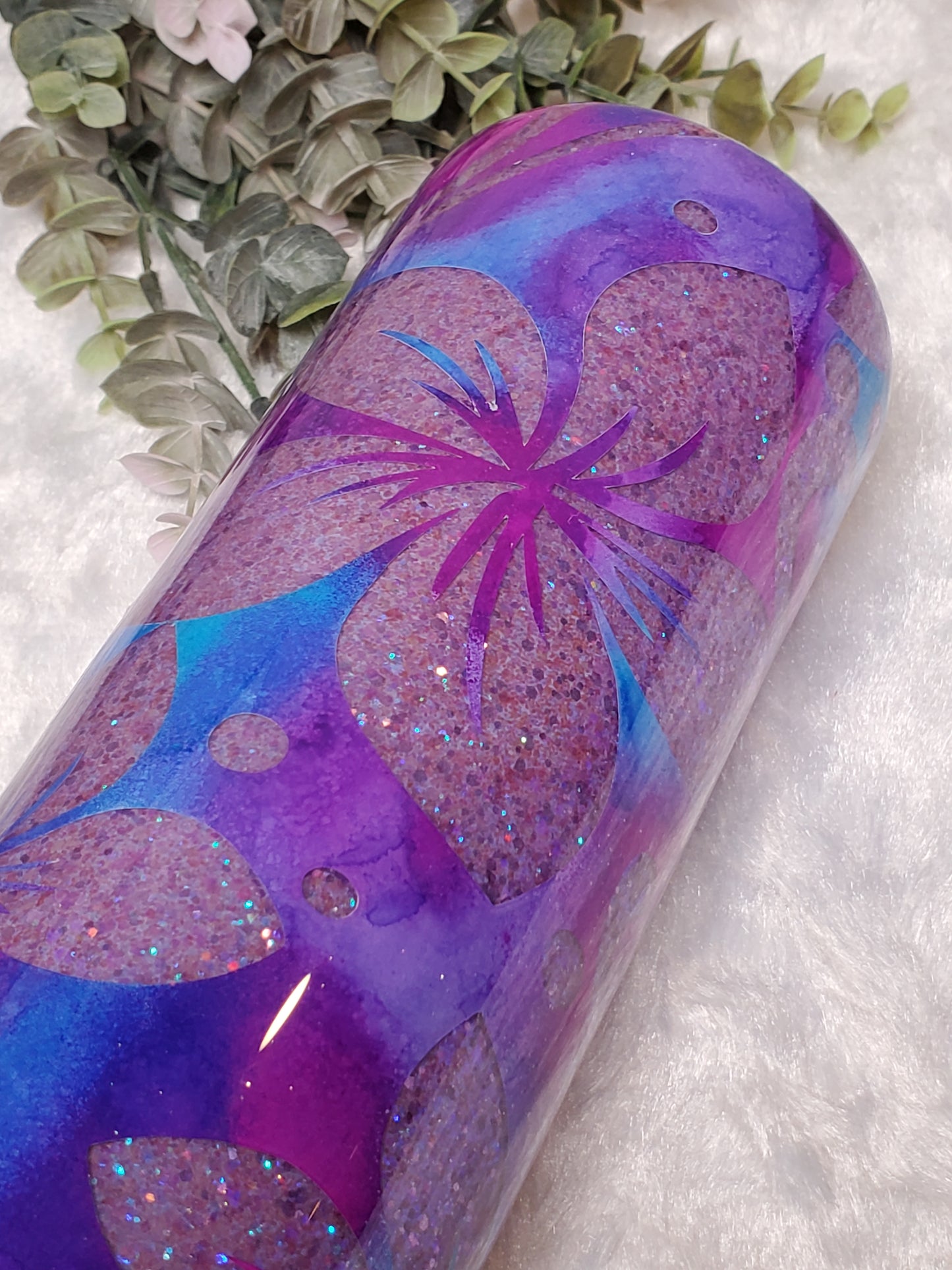 Reverse Peekaboo Floral Glitter Custom Tumbler - 30 oz Skinny Taper- Purple, Pink, Blue