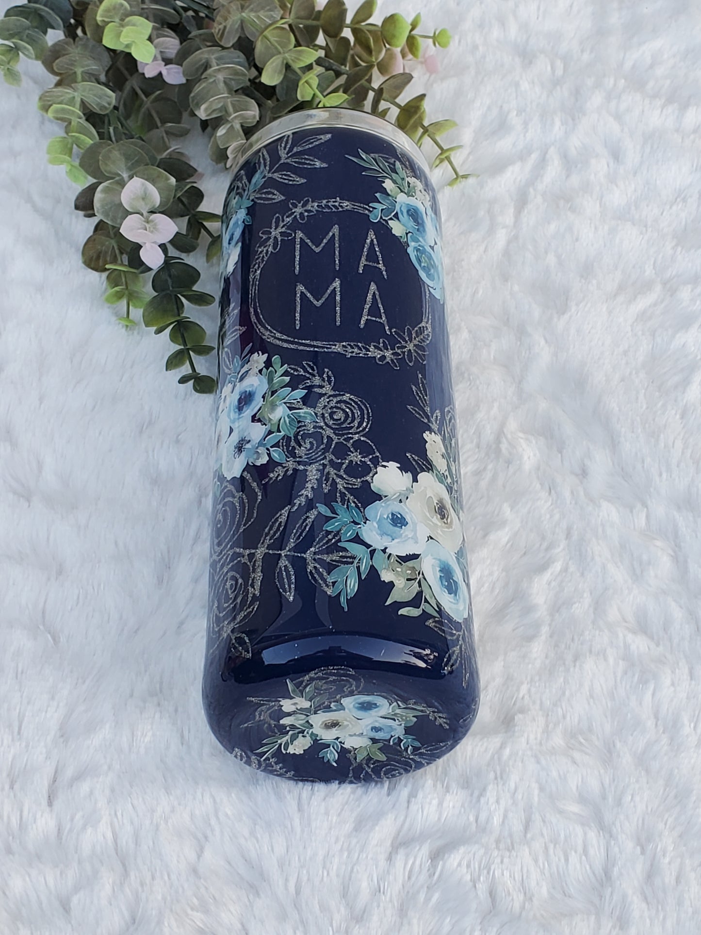 MAMA Peekaboo floral Custom Tumbler - 20 oz Skinny Straight - Navy blue & silver