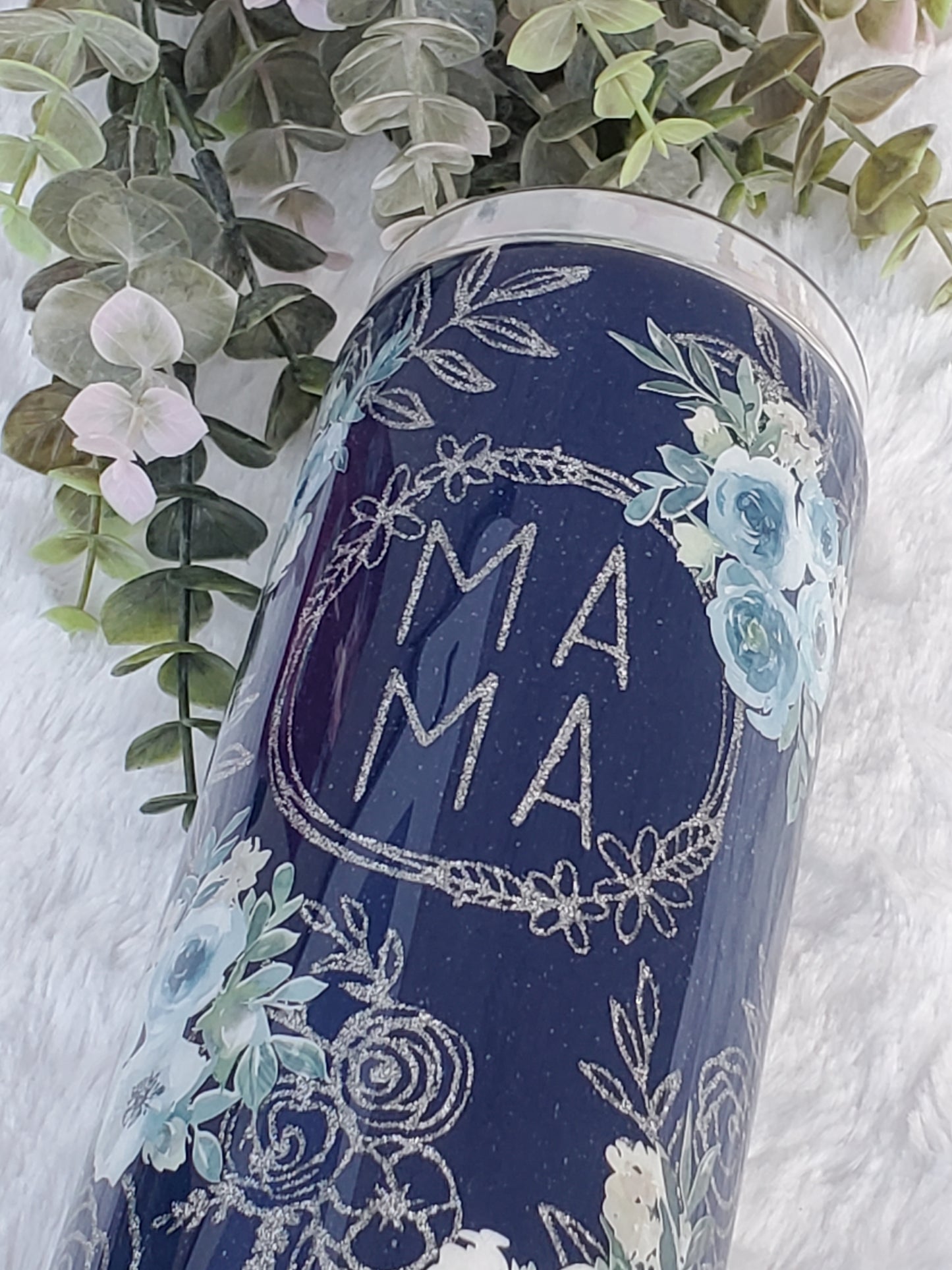 MAMA Peekaboo floral Custom Tumbler - 20 oz Skinny Straight - Navy blue & silver