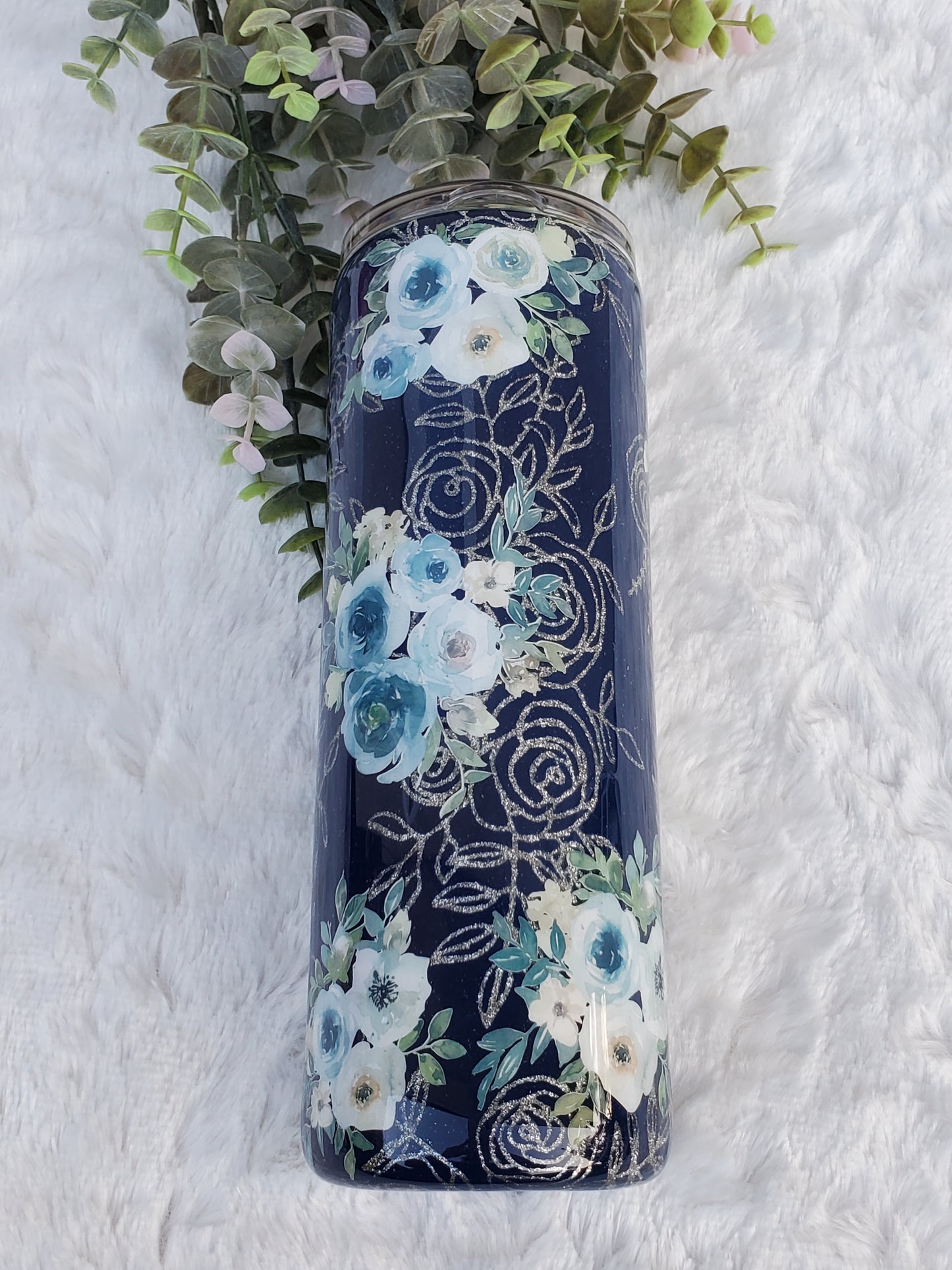 MAMA Peekaboo floral Custom Tumbler - 20 oz Skinny Straight - Navy blue & silver
