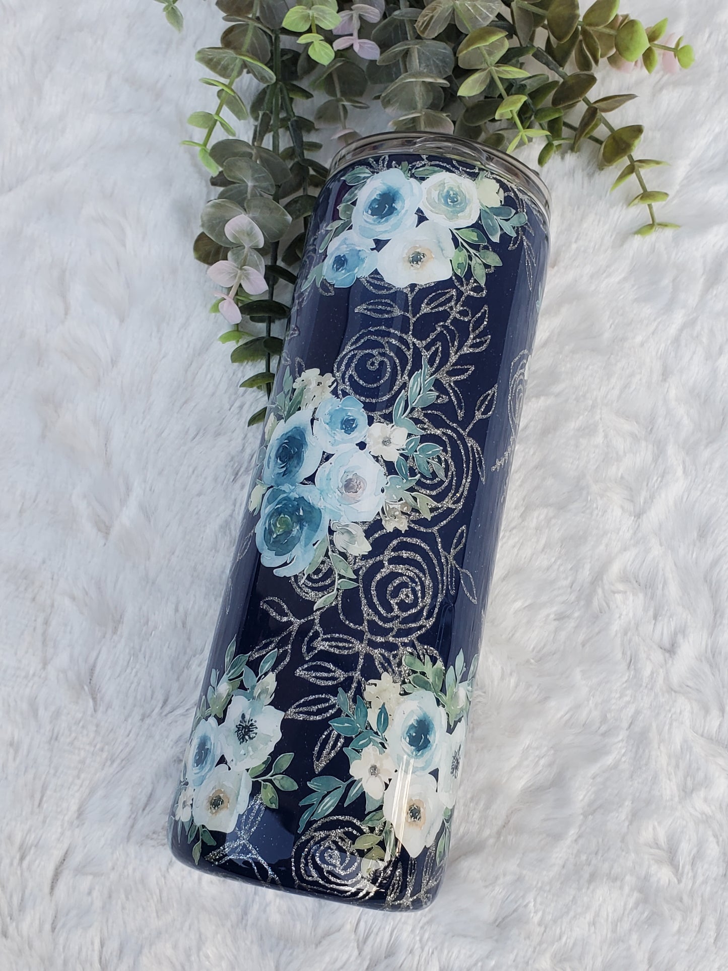 MAMA Peekaboo floral Custom Tumbler - 20 oz Skinny Straight - Navy blue & silver