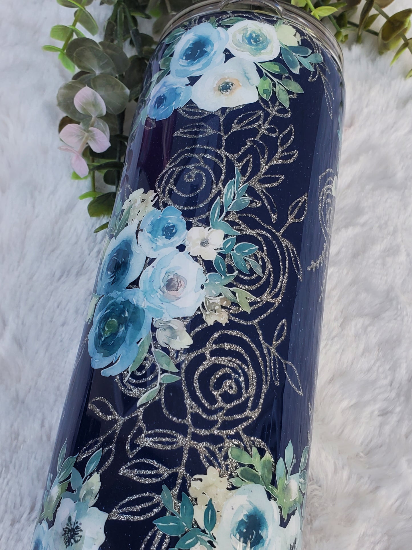 MAMA Peekaboo floral Custom Tumbler - 20 oz Skinny Straight - Navy blue & silver
