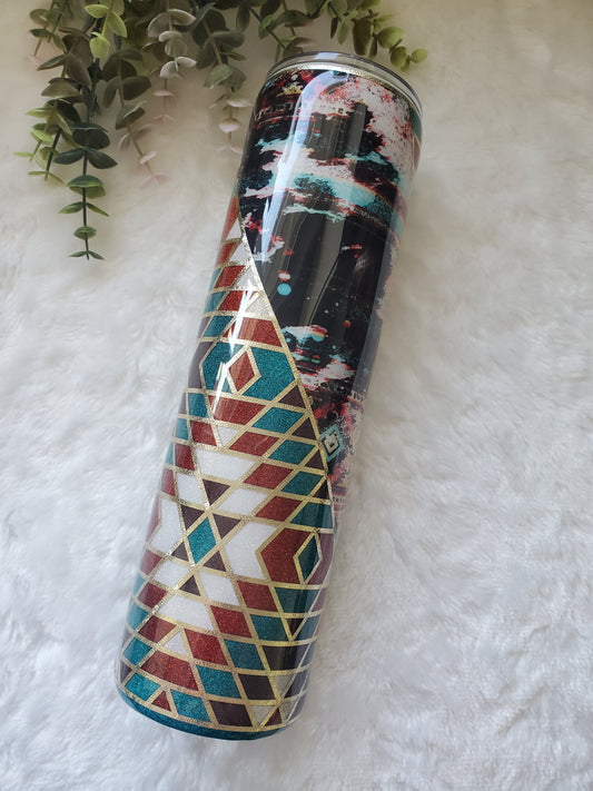 Southwestern Template Glitter Custom Tumbler - 32 oz skinny - turquoise brown white