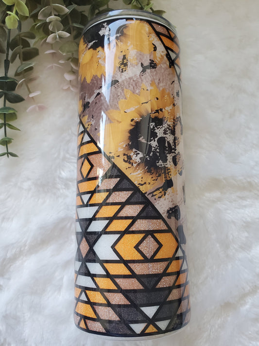 Sunflower leopard template Glitter Custom Tumbler - 24 oz Skinny - yellow black white