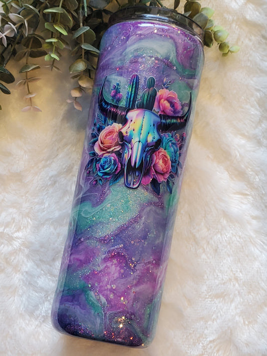 Cow skull glitter ink swirl Custom Tumbler - 30 oz Skinny Taper - pink blue purple
