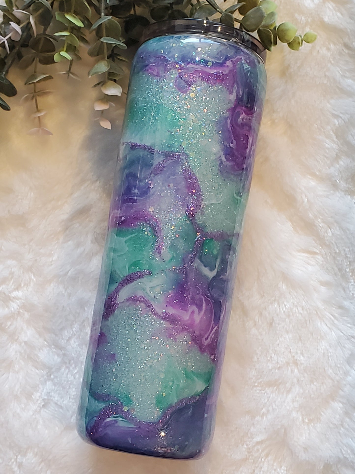 Cow skull glitter ink swirl Custom Tumbler - 30 oz Skinny Taper - pink blue purple