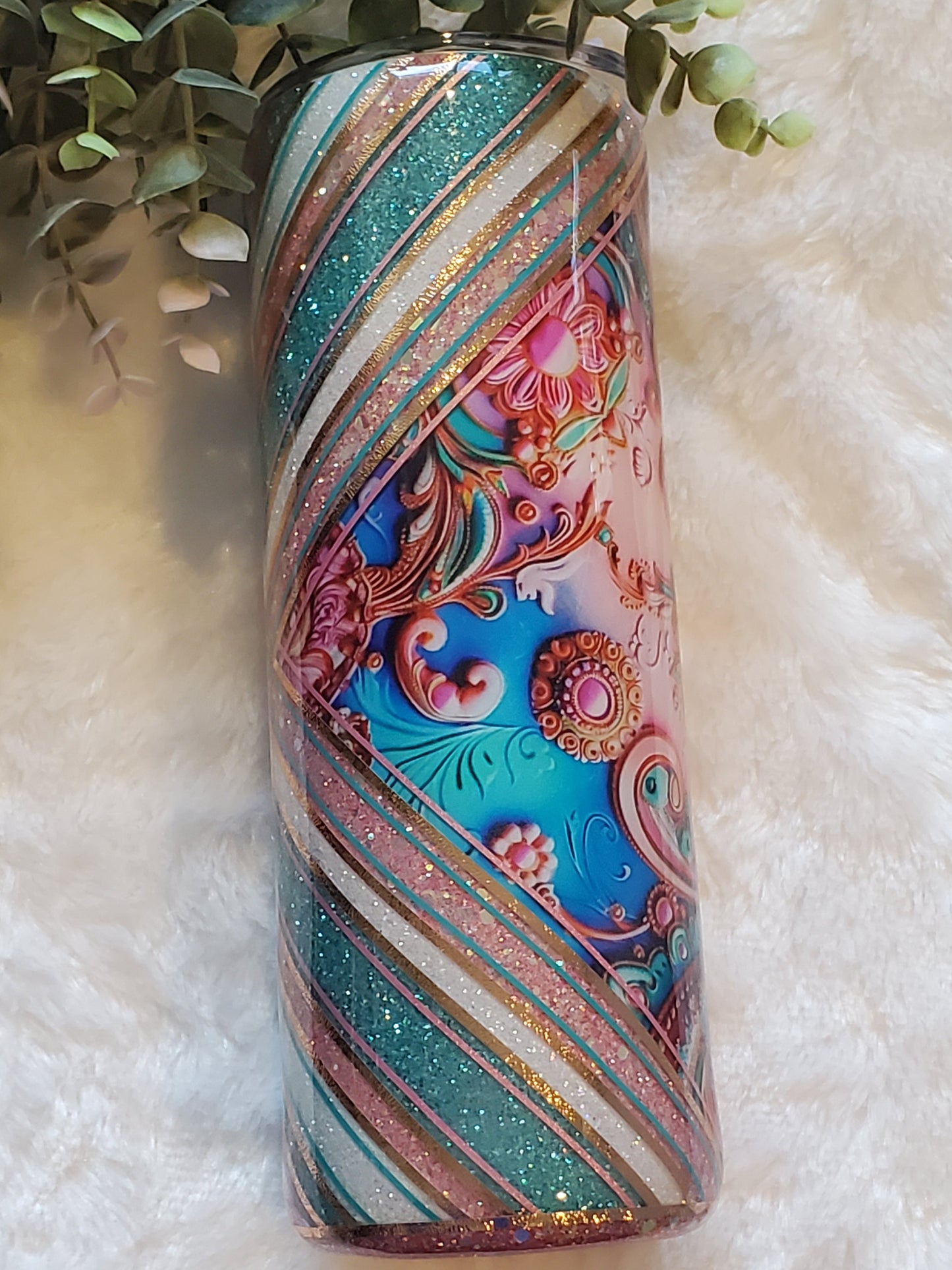 Abstract Glitter Vinyl Custom Tumbler - 20 oz Skinny Straight - pink blue white