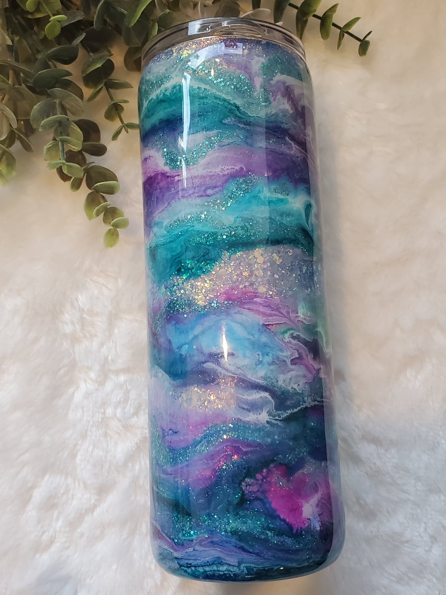 Alcohol Ink Swirl Glitter Butterfly Girl Custom Tumbler - 20 oz skinny straight - pink, turquoise, purple
