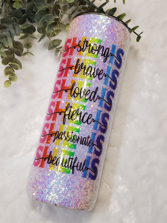 She is Strong Glitter Custom Tumbler - 20 oz Skinny Straight - white