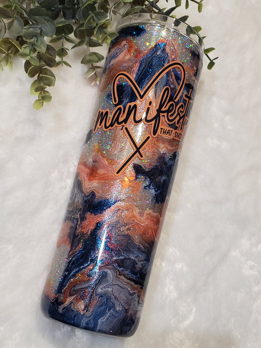Manifest that Shit Ink swirl Foil Custom Tumbler - 30 oz Skinny Taper - blue coral silver