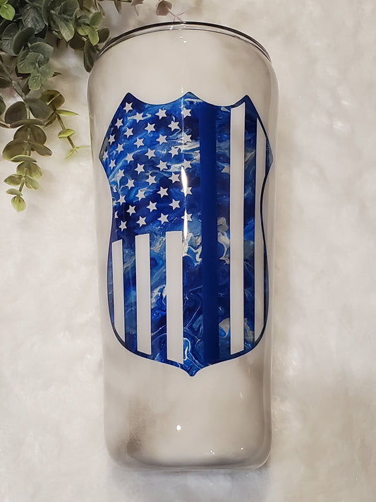 Police shield flag Non Glitter Custom Tumbler - 32 oz slim taper - blue white