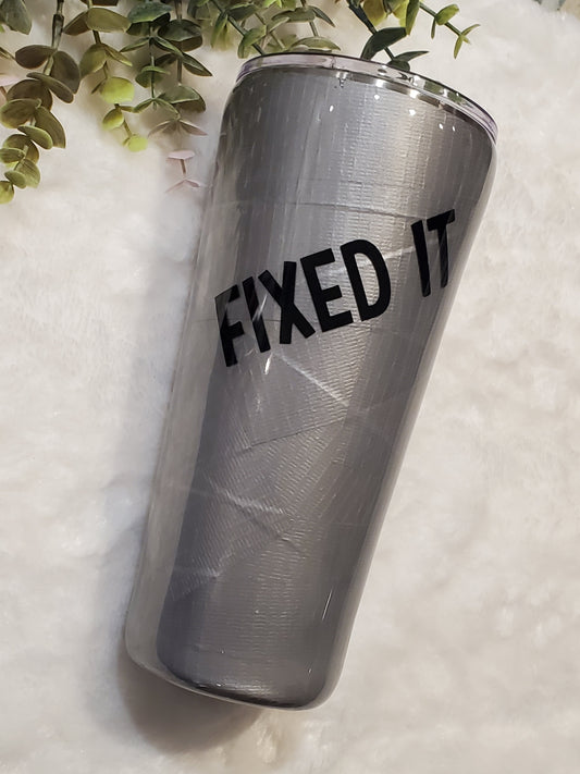 Fixed It Duct Tape Non Glitter Custom Tumbler - 32 oz slim taper - silver black