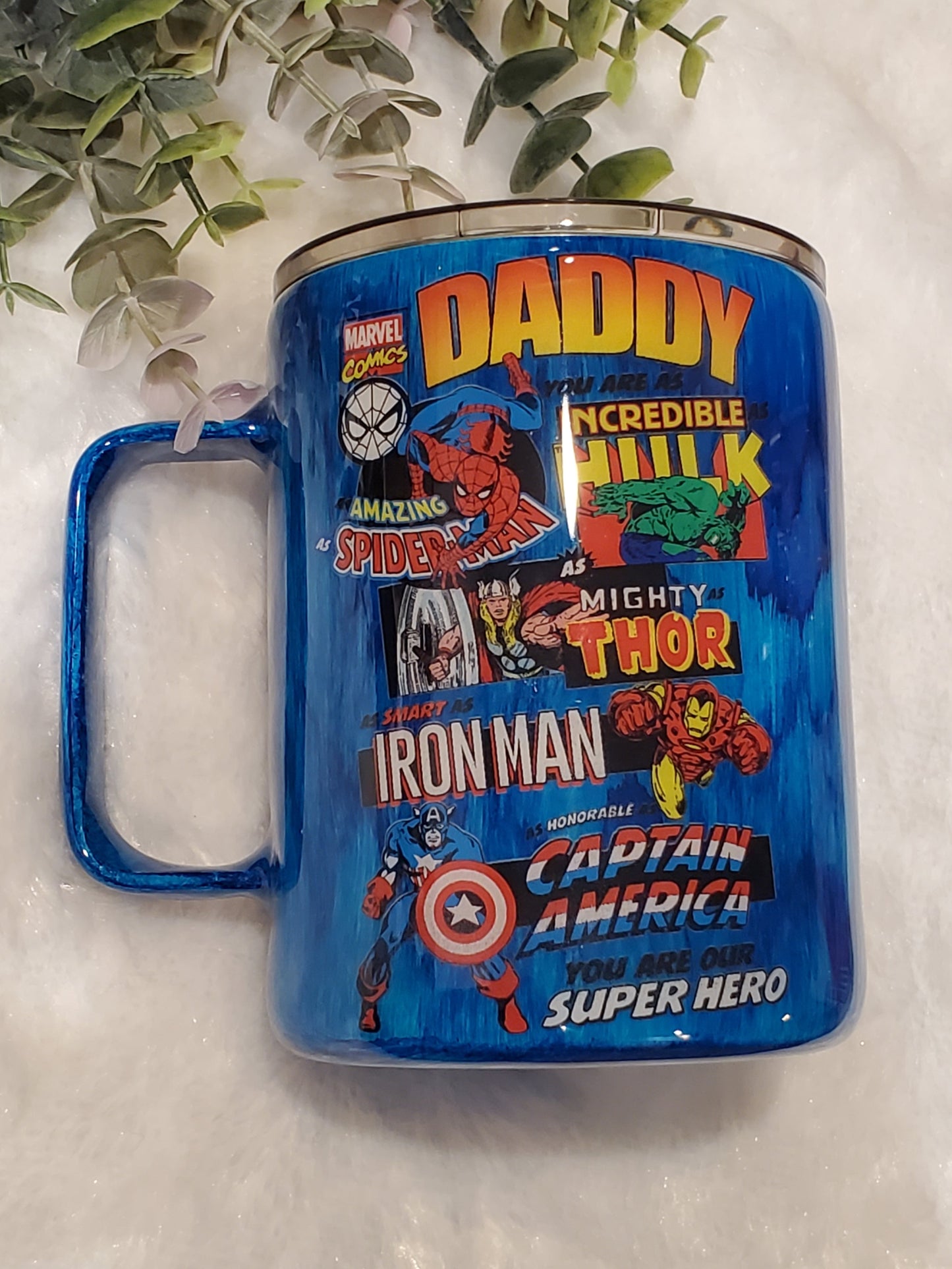 Daddy superhero woodgrain Custom Tumbler Coffee Mug- 12 oz straight coffee mug - blue