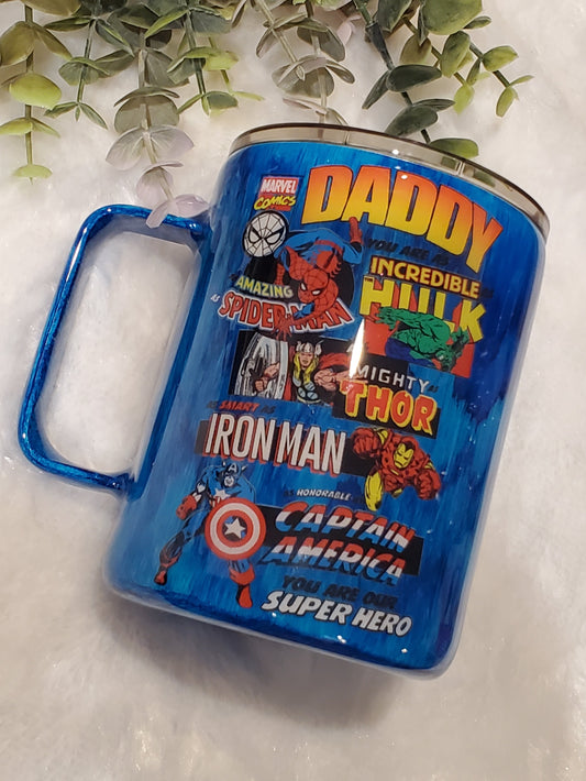 Daddy superhero woodgrain Custom Tumbler Coffee Mug- 12 oz straight coffee mug - blue