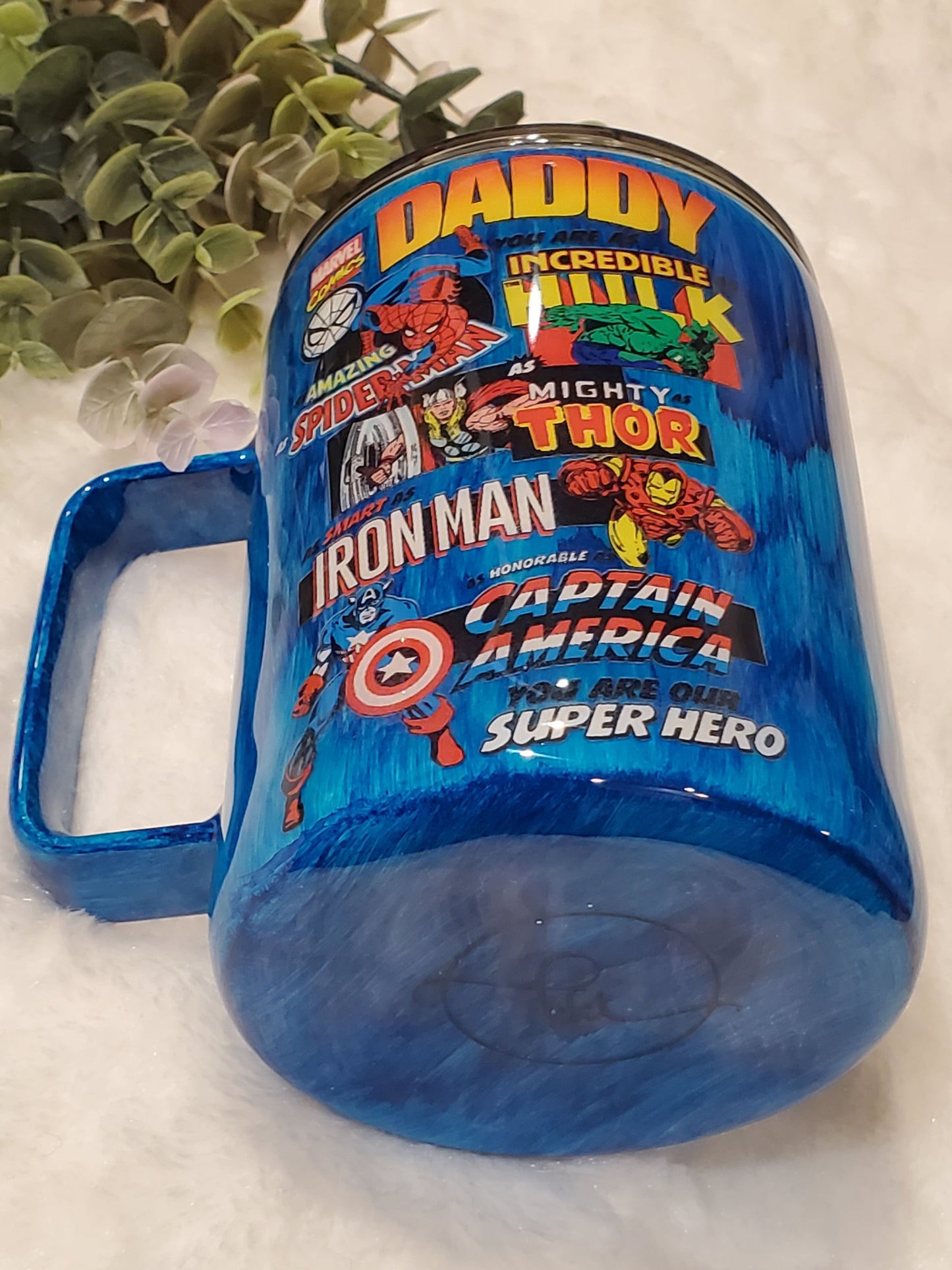Daddy superhero woodgrain Custom Tumbler Coffee Mug- 12 oz straight coffee mug - blue