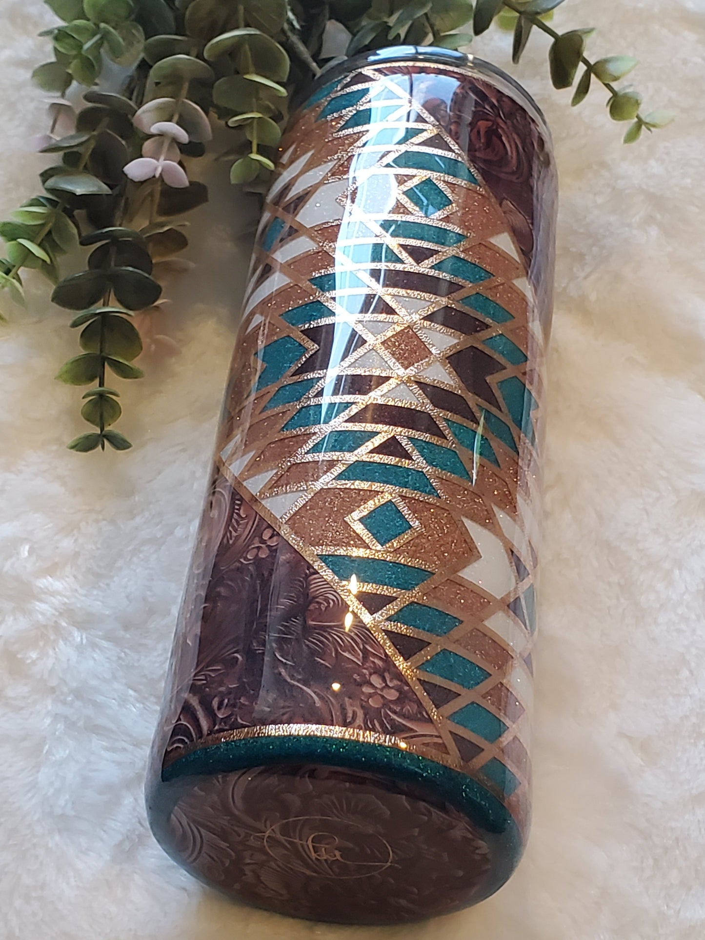 Western template tooled leather Glitter Custom Tumbler - 24 oz Skinny - turquoise gold brown white