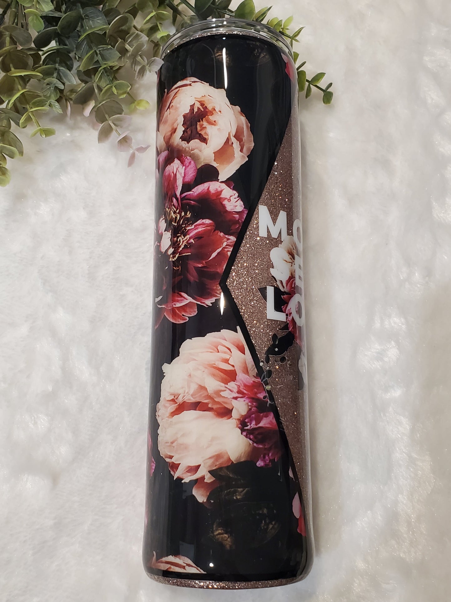 MORE Self Love floral Glitter Custom Tumbler - 32 oz skinny - maroon peach