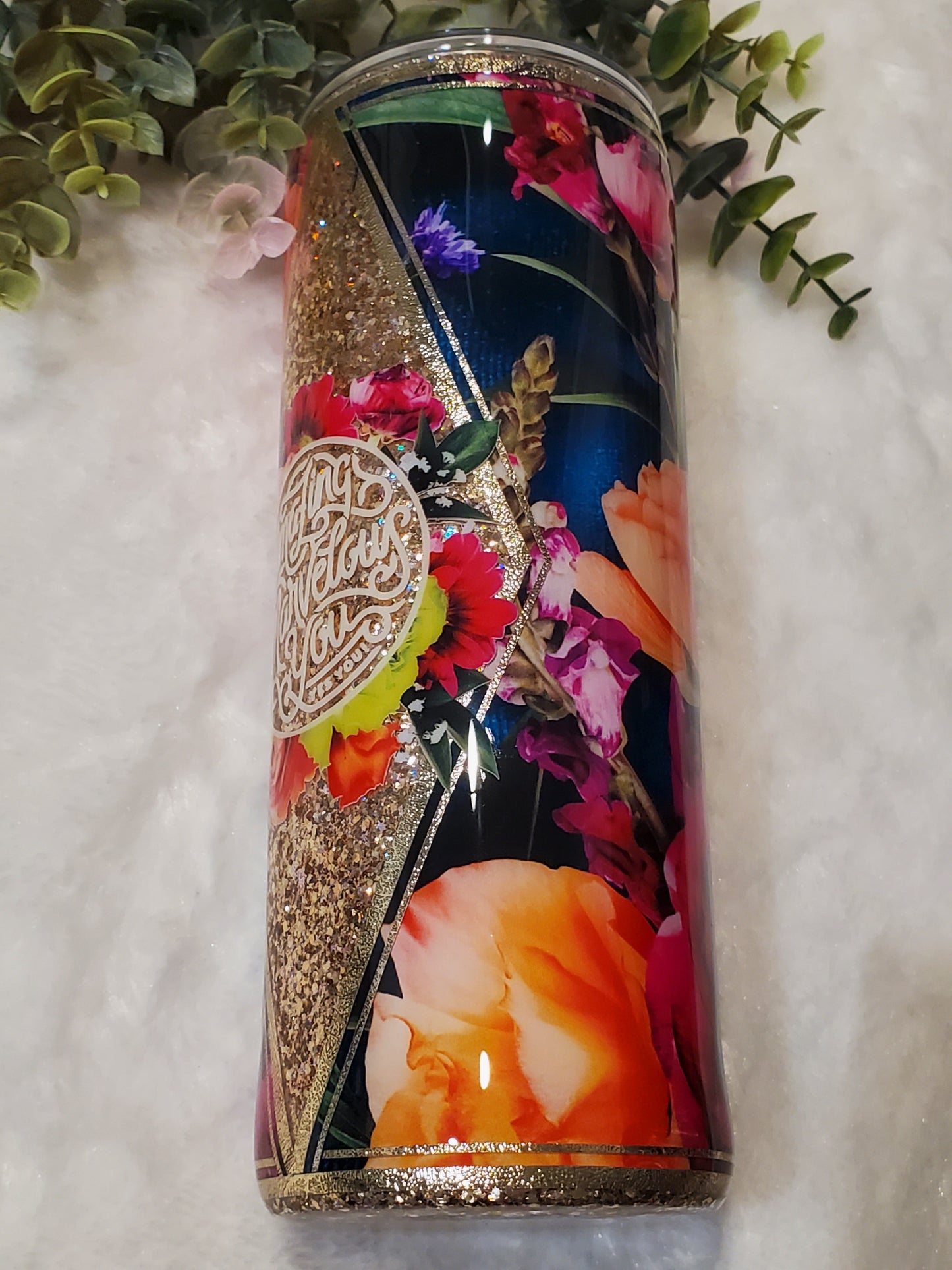 Amazing Marvelous You Floral Glitter Custom Tumbler - 24 oz Skinny - red orange gold