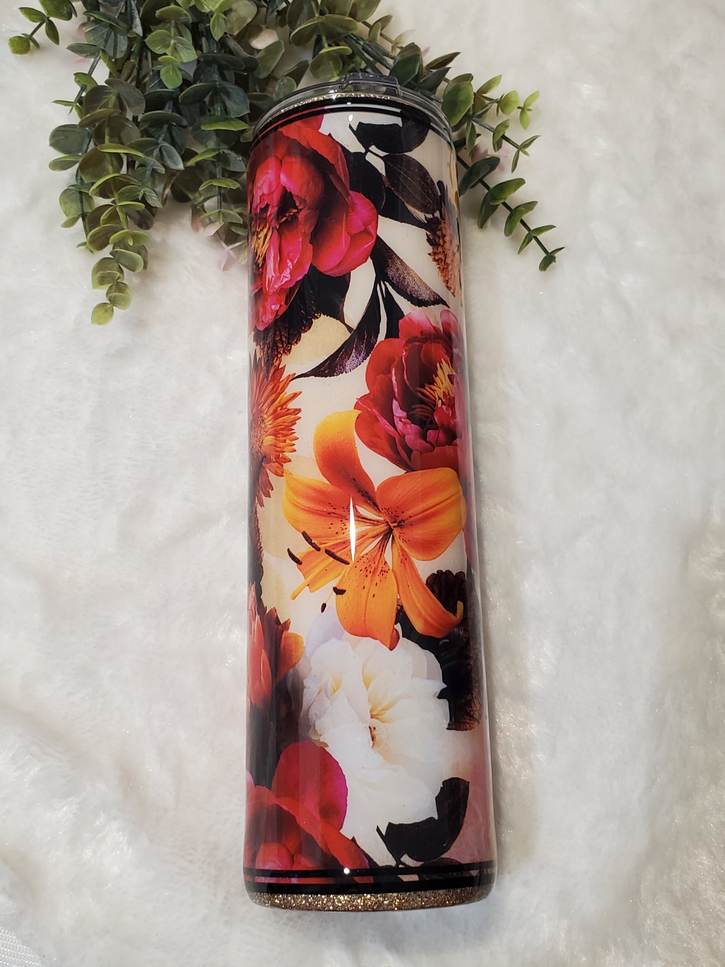 BLOOM floral Glitter Custom Tumbler - 32 oz skinny - red orange gold