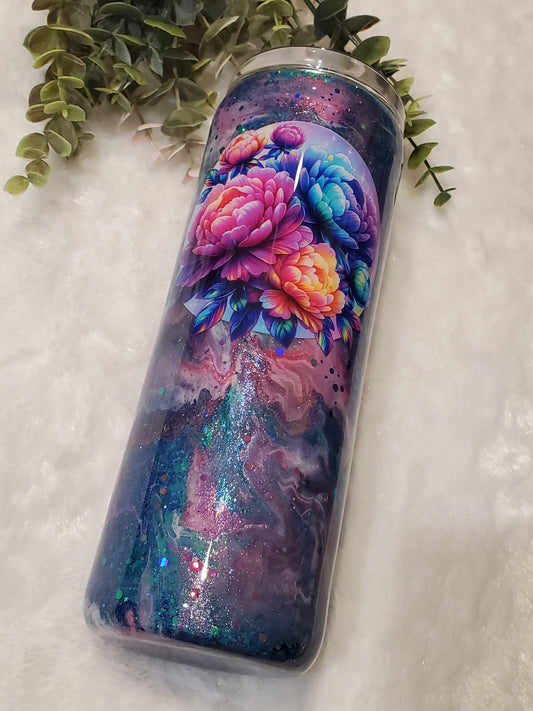 Floral Glitter Alcohol Ink Custom Tumbler - 20 oz Skinny Straight - turquoise purple pink