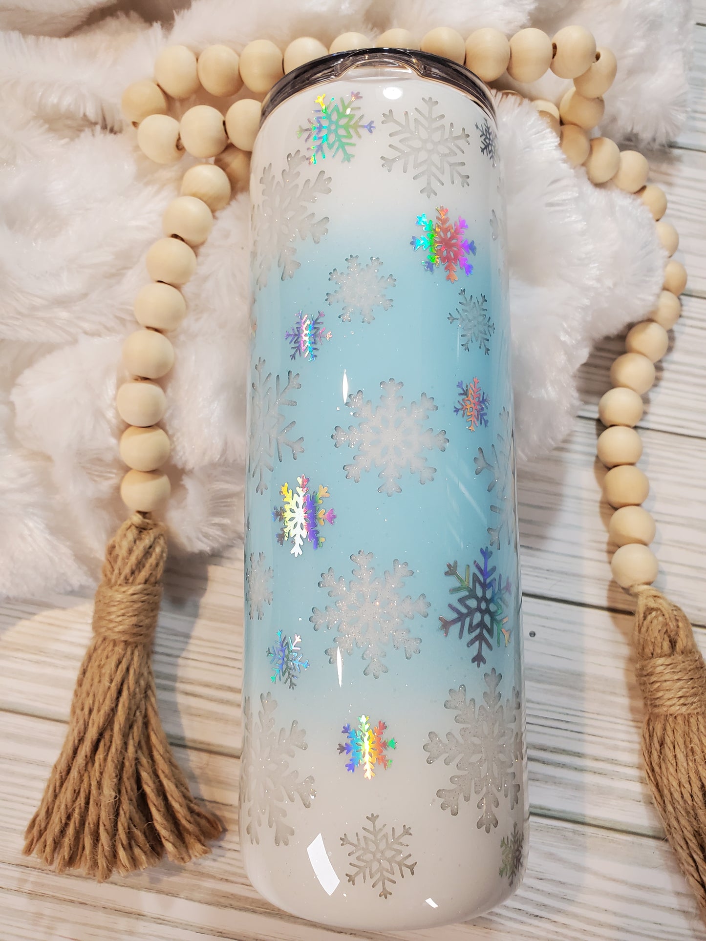 Let it Snow Glitter Peekaboo Custom Tumbler - 20 oz Skinny Straight - white, light blue