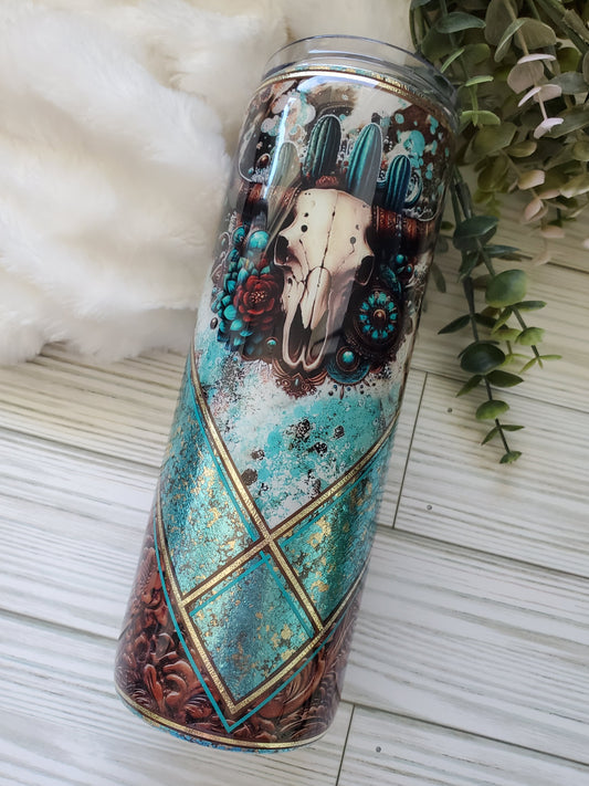 Cow skull Western Foil mashup Custom Tumbler - 20 oz Skinny Straight - turquoise brown