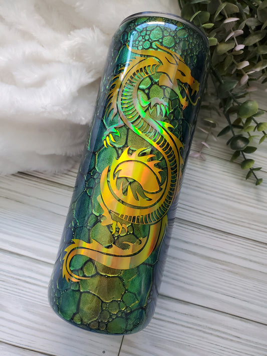Dragon Scales Chameleon Non Glitter Tumbler - 20 oz skinny straight - green yellow shift