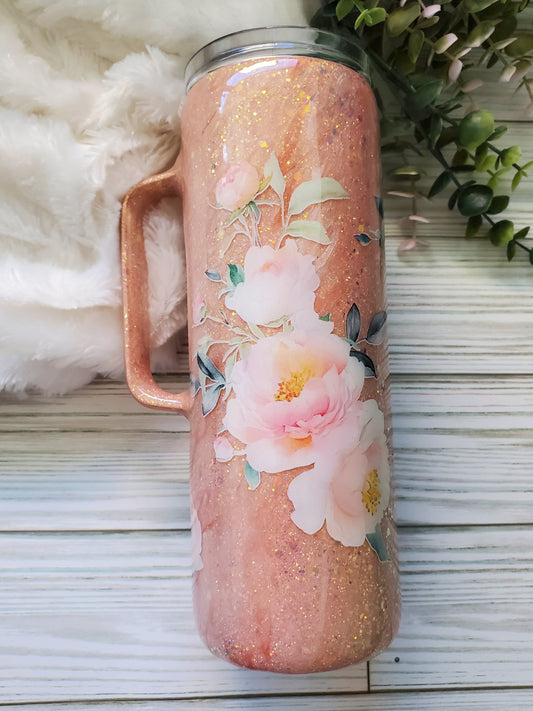 Floral Glitter Milky Way Handle Custom Tumbler - 20 oz handle skinny straight mug - peach pink