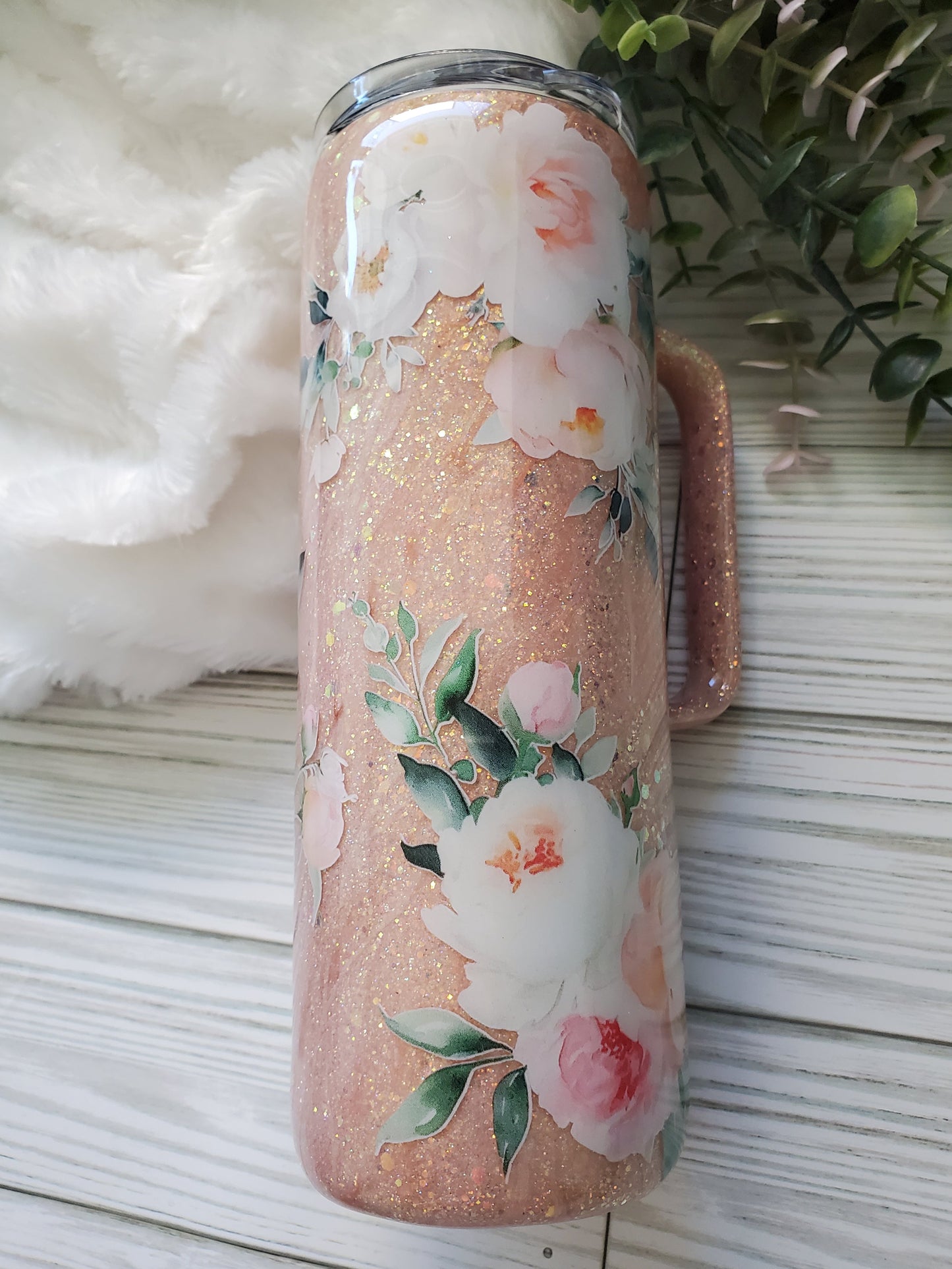 Floral Glitter Milky Way Handle Custom Tumbler - 20 oz handle skinny straight mug - peach pink