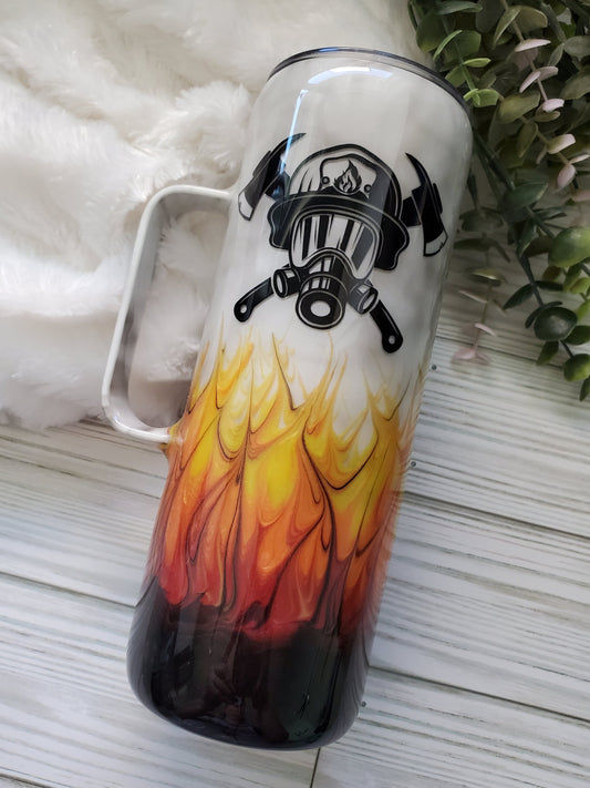 Firefighter Non Glitter Custom Tumbler - 20 oz handle skinny straight mug - red orange yellow black