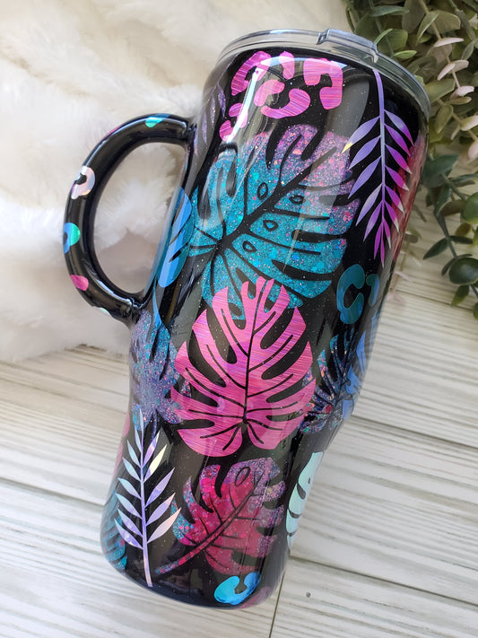 Monstera leopard texture peekaboo glitter Custom Tumbler - 24 oz handled - pink purple turquoise