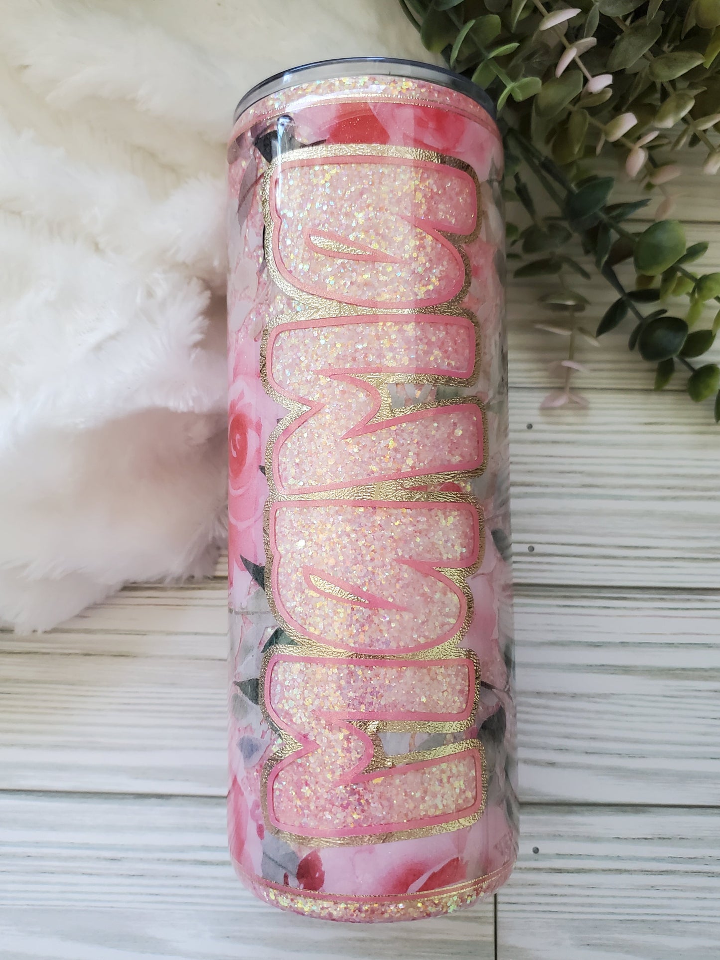 MAMA peekaboo floral pink Glitter Custom Tumbler - 24 oz - pink