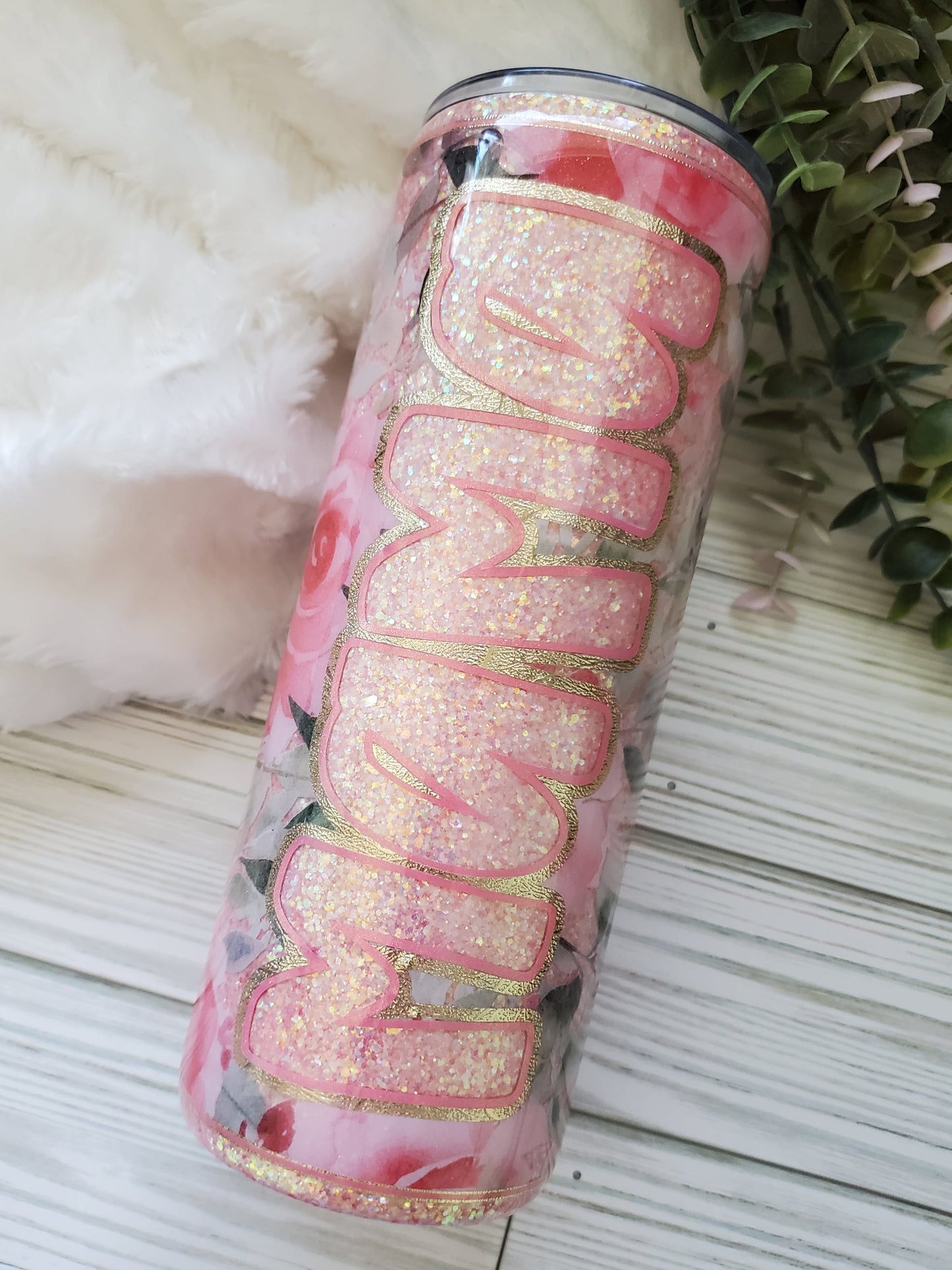MAMA peekaboo floral pink Glitter Custom Tumbler - 24 oz - pink