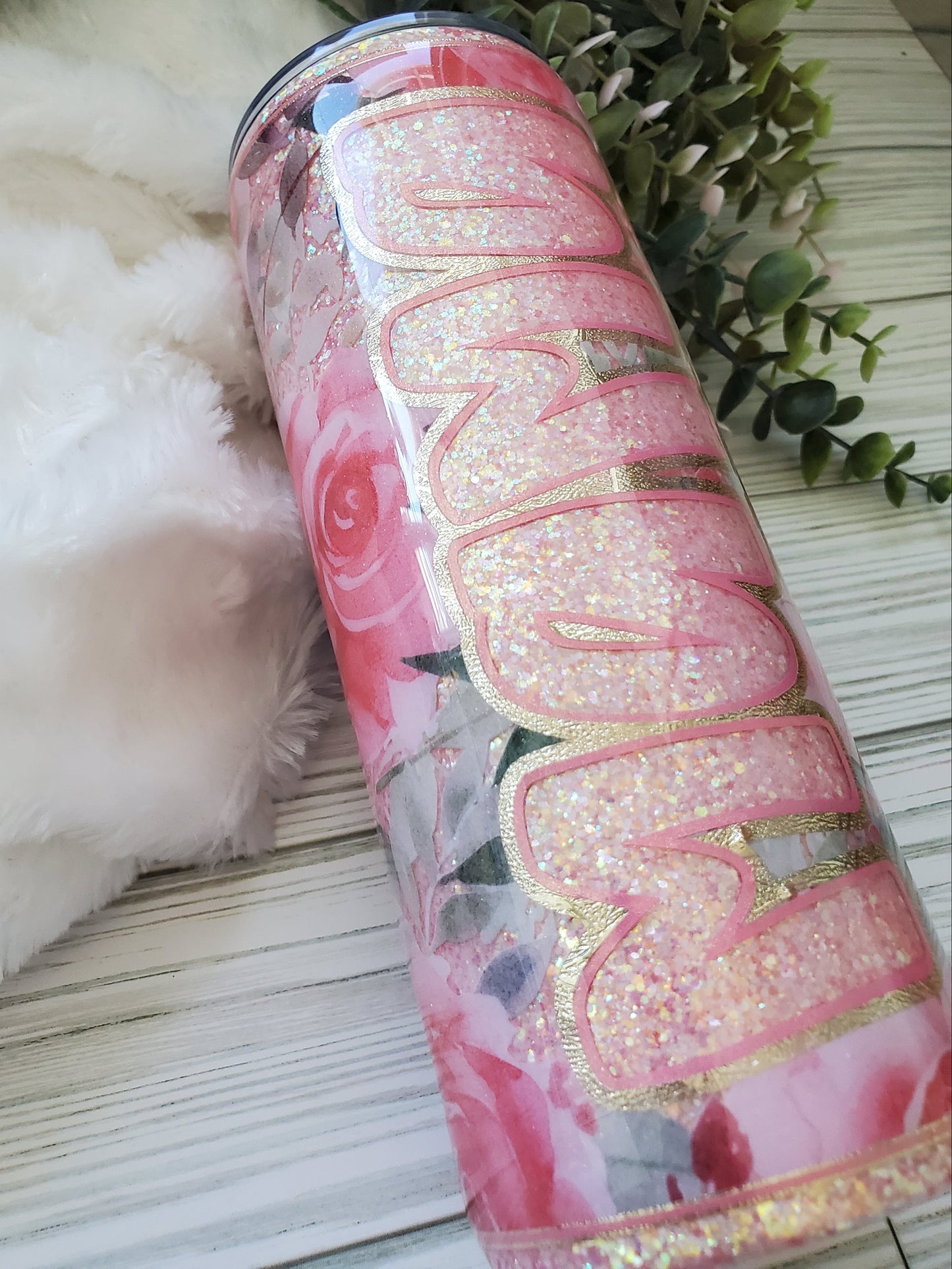 MAMA peekaboo floral pink Glitter Custom Tumbler - 24 oz - pink