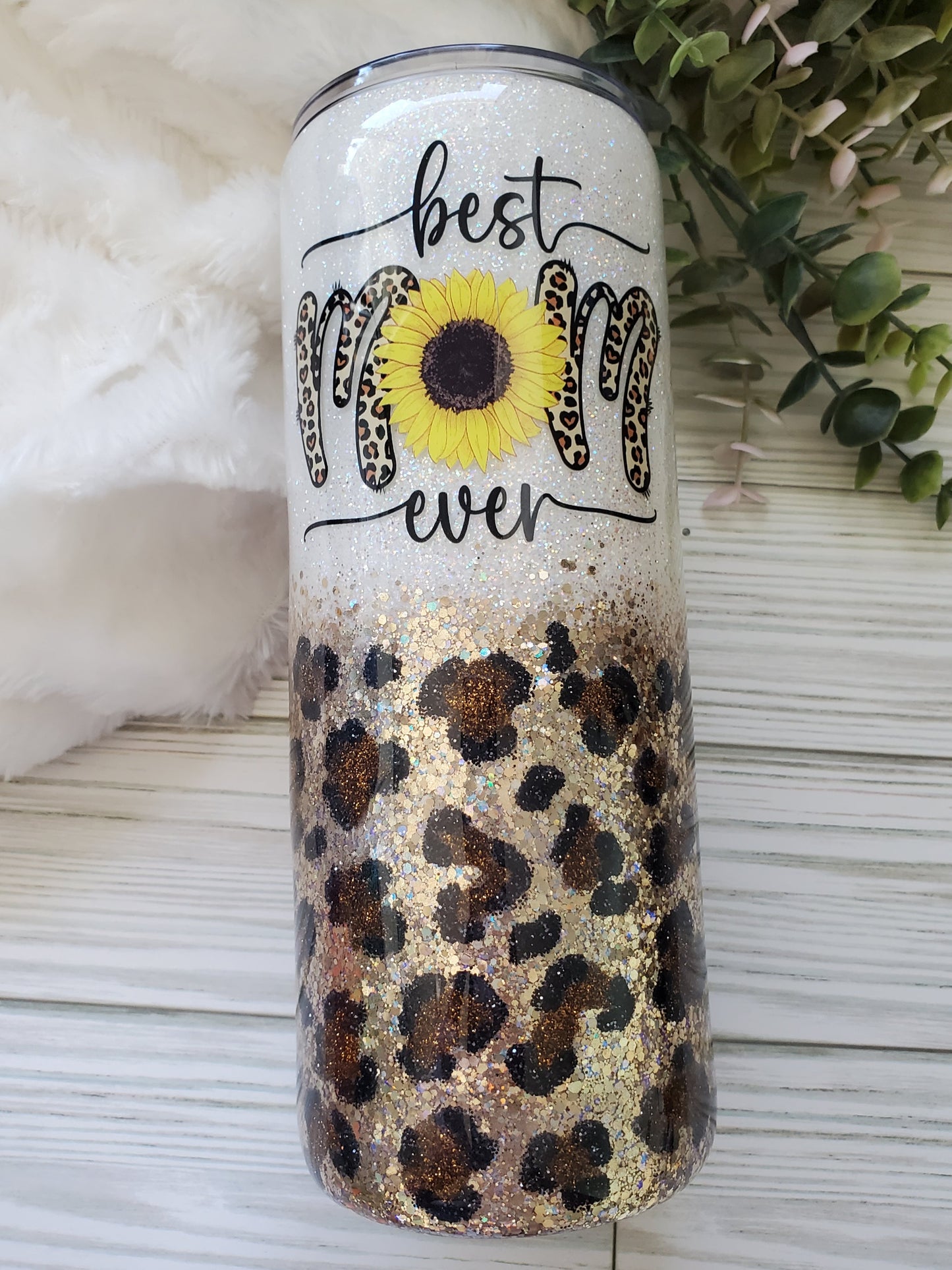 Best Mom Ever Sunflower Glitter Leopard Custom Mug Tumbler - 24 oz - white browns