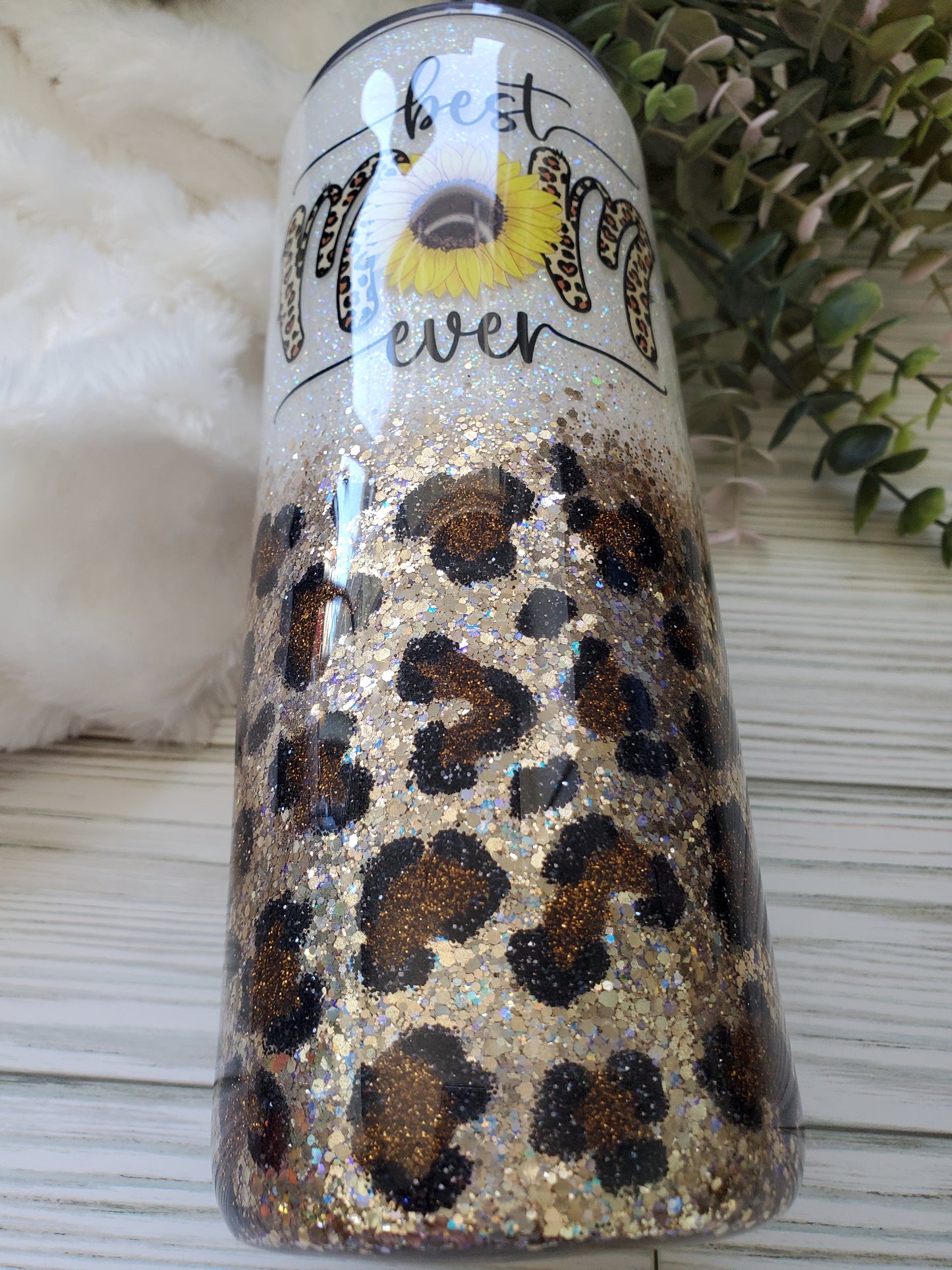 Best Mom Ever Sunflower Glitter Leopard Custom Mug Tumbler - 24 oz - white browns
