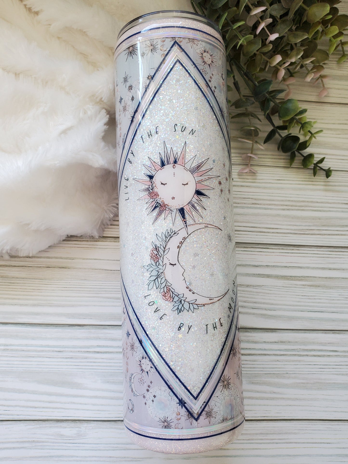 Live By The Sun Love by the Moon Glitter Custom Tumbler - 32 oz skinny - white pastel