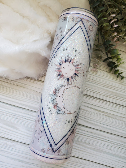 Live By The Sun Love by the Moon Glitter Custom Tumbler - 32 oz skinny - white pastel