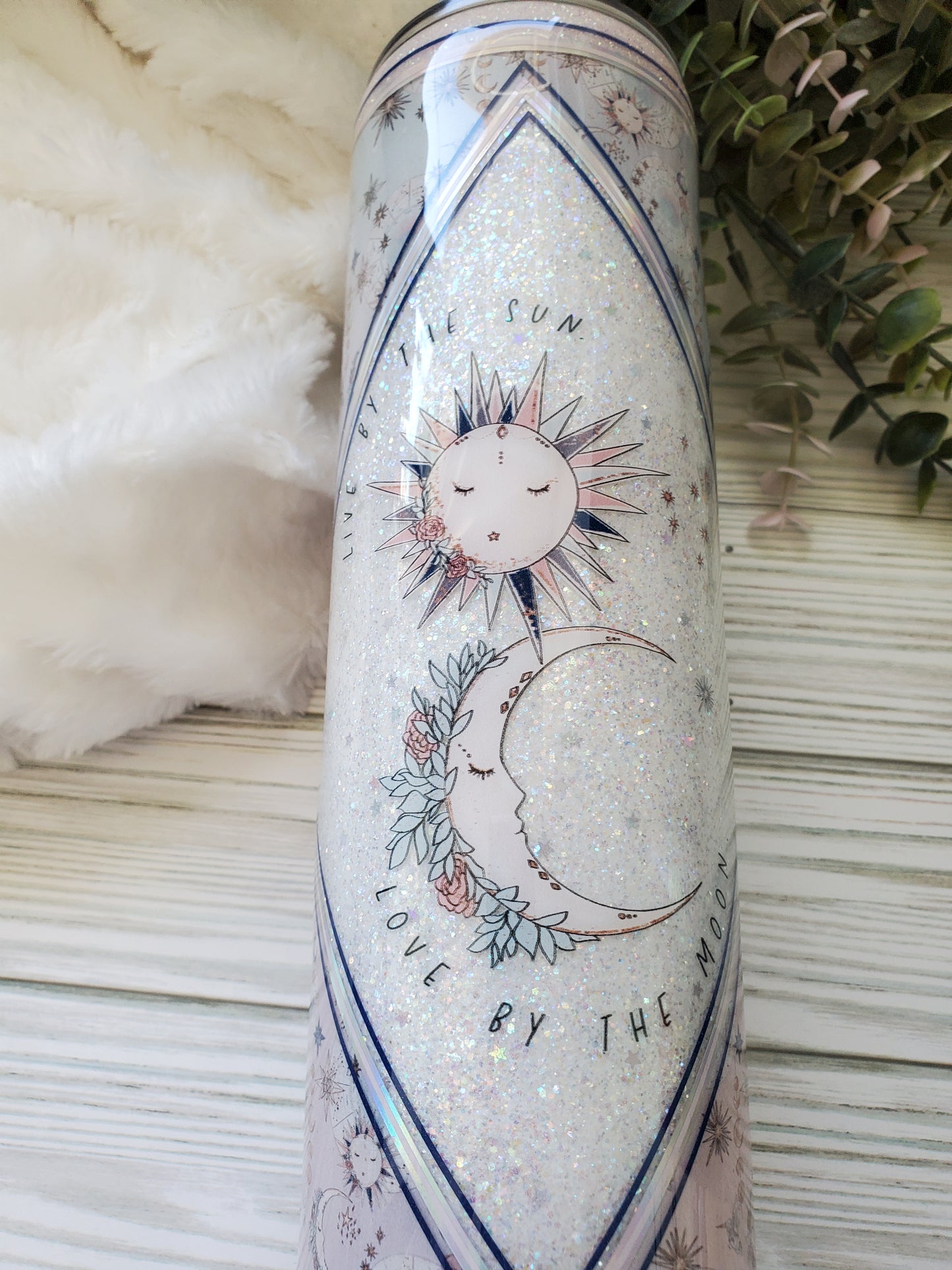 Live By The Sun Love by the Moon Glitter Custom Tumbler - 32 oz skinny - white pastel