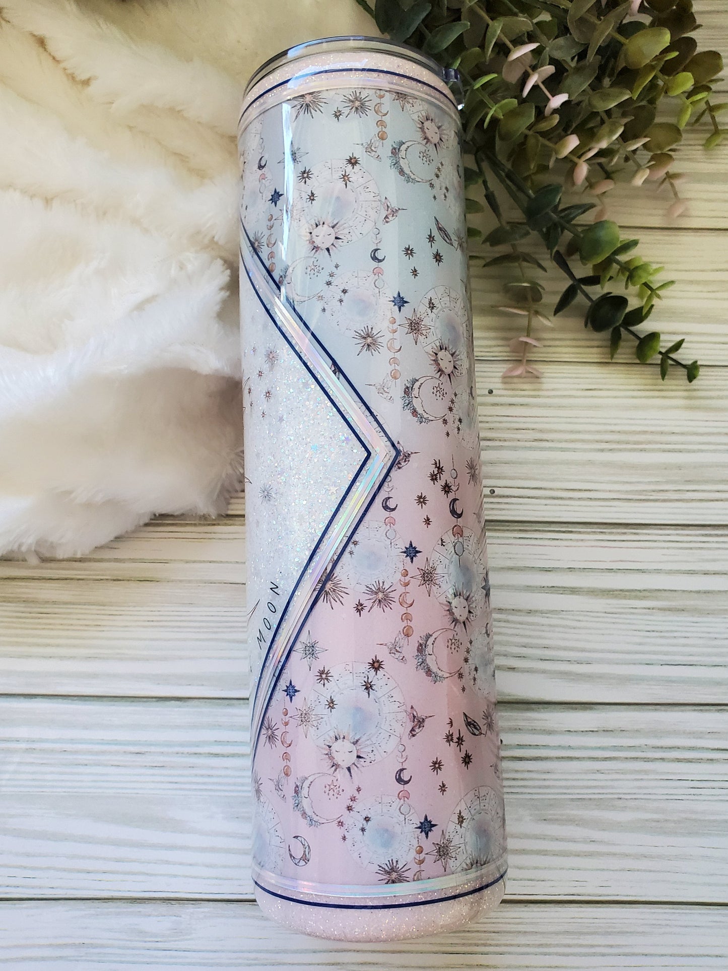 Live By The Sun Love by the Moon Glitter Custom Tumbler - 32 oz skinny - white pastel