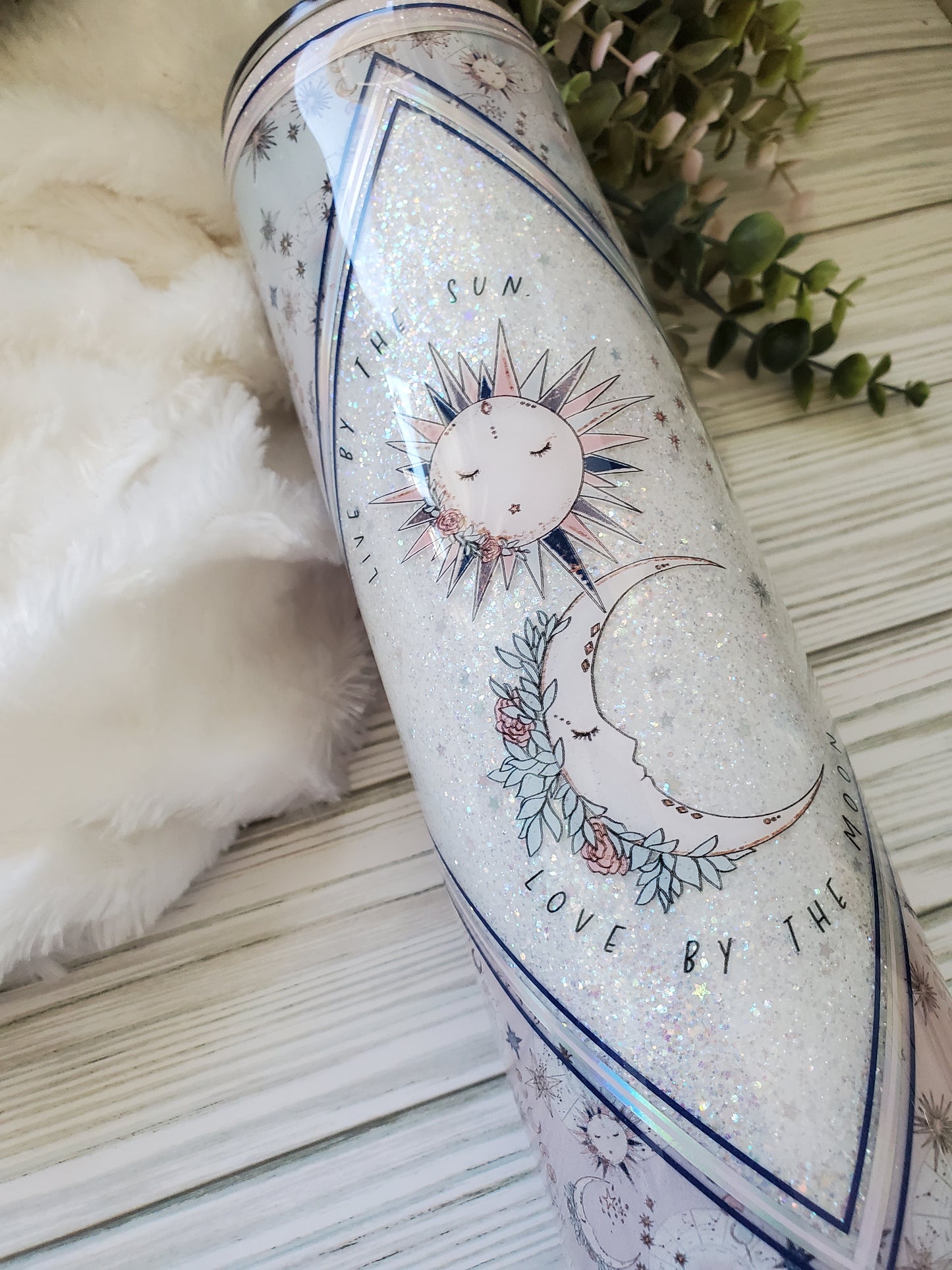 Live By The Sun Love by the Moon Glitter Custom Tumbler - 32 oz skinny - white pastel