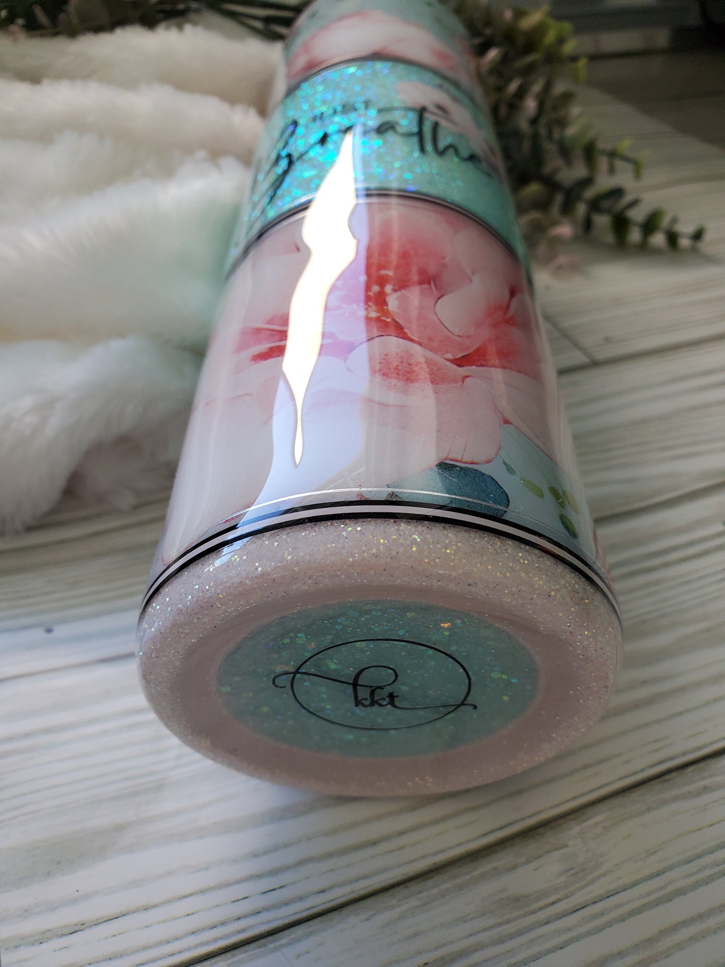 Just Breathe Floral Glitter Custom Tumbler - 32 oz skinny - mint, pink