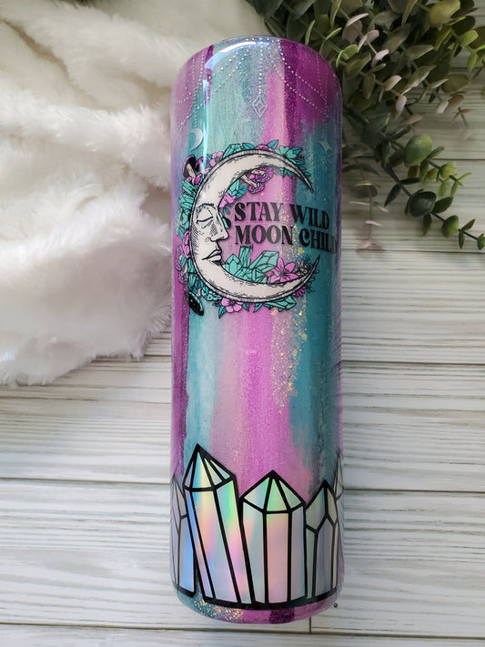 Stay Wild Moon Child Glitter Ink Crystals Custom Tumbler - 20 oz Skinny Straight - turquoise purple pink