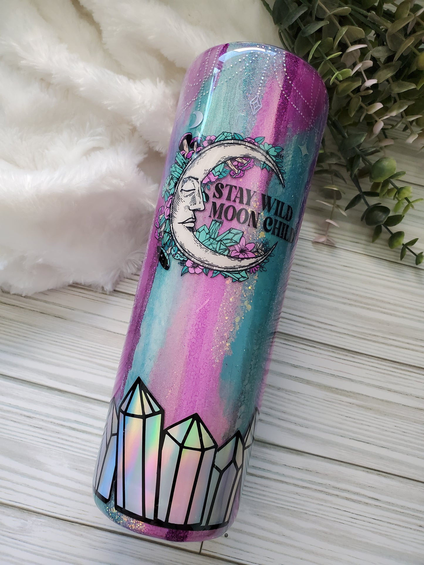 Stay Wild Moon Child Glitter Ink Crystals Custom Tumbler - 20 oz Skinny Straight - turquoise purple pink